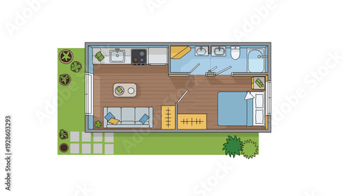 Modern house floor plan with garden and furniture