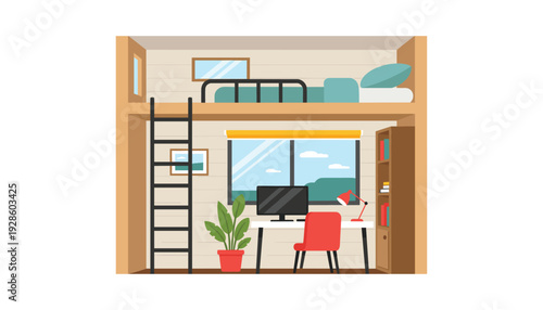 Cozy studio apartment with loft bed and modern workspace