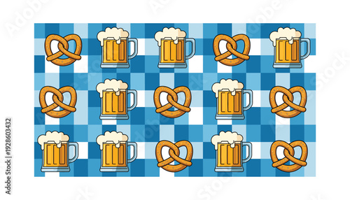 Vibrant Oktoberfest themed background with beer and pretzels