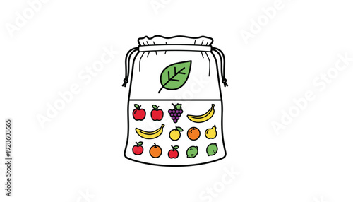 Colorful reusable bag with fresh fruits and green leaf design