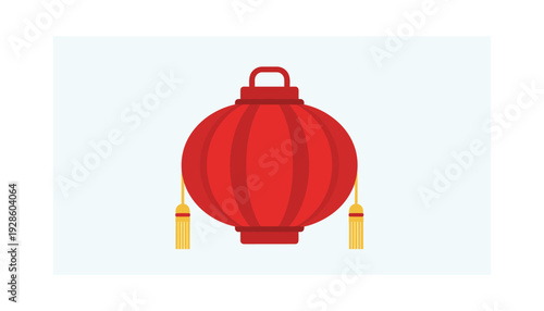 Vibrant red Chinese lantern with golden tassels on light blue background