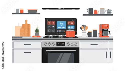 Modern kitchen with smart appliances and orange accents