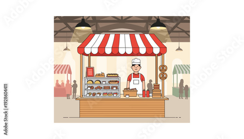 Friendly chef serving delicious food at outdoor market stall