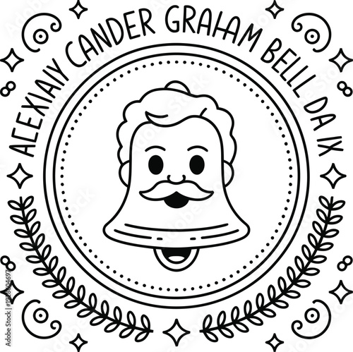 A happy ringing bell with a mustache logo for alexander graham bell day celebration