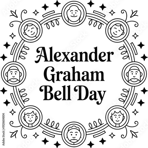 Alexander graham bell day commemorative frame with scientist portraits and communication logo