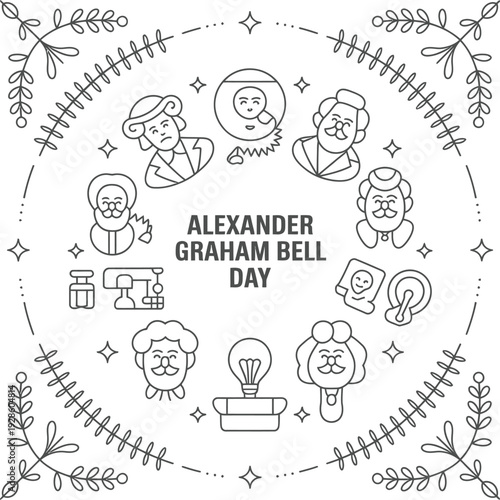 Alexander graham bell day logo with scientist portraits and telephone invention illustrations