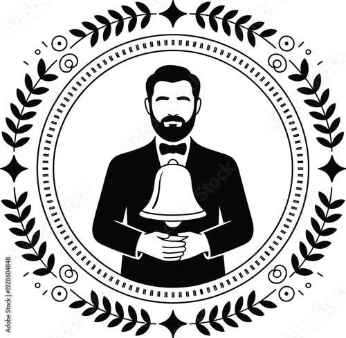 Concierge or bellhop man illustration logo in circular frame for hospitality service