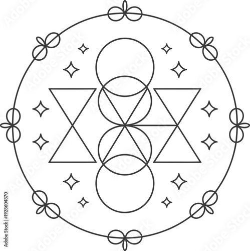 Geometric mandala logo with overlapping circles and triangles in sacred symmetry line art style