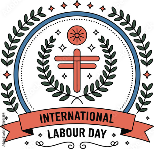 International labour day celebration emblem logo with laurel wreath and ribbon symbol
