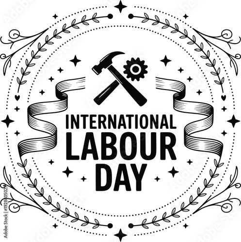 International labour day logo hammer and gear symbol industrial concept vintage style illustration