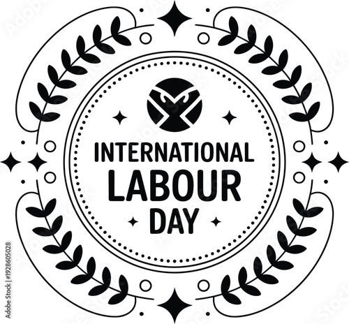 International labour day logo icon with solid leaf wreath and star elements for workers day