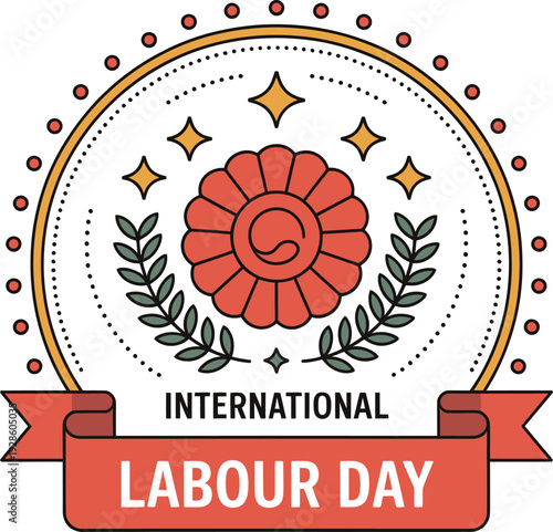 International labour day logo with floral wreath ribbon and stars for workers rights