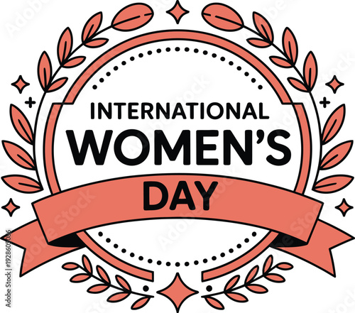International women's day logo with pink ribbon and laurel wreath on transparent background