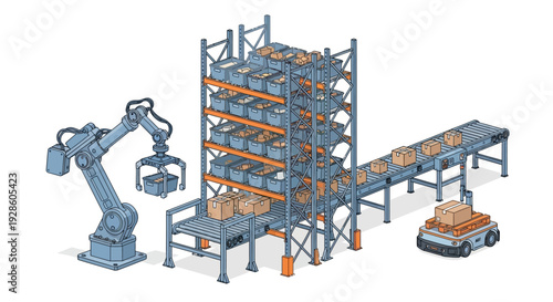 Isometric illustration of an automated warehouse with robotic arms and conveyor belts