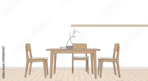 Minimalist dining room with wooden furniture and chairs in a simple line drawing style