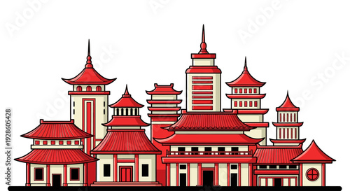 Vector illustration of traditional Asian buildings and red pagodas isolated on white background