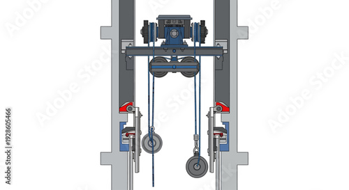 Technical illustration of an elevator hoisting and pulley system inside a shaft.
