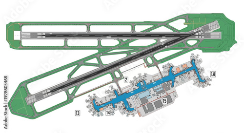 Aerial view illustration of an airport terminal and runway layout diagram.