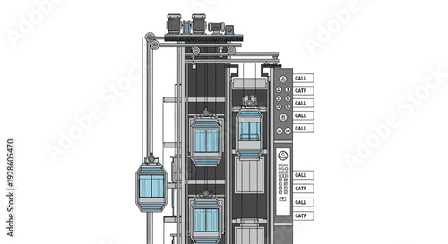 Schematic illustration of a modern vertical elevator system with glass cabins and pulley mechanism