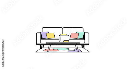 Minimalist illustration of a modern sofa with pastel pillows and a coffee table