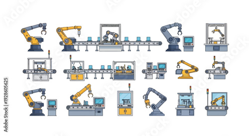 Collection of industrial robots and automated factory machinery