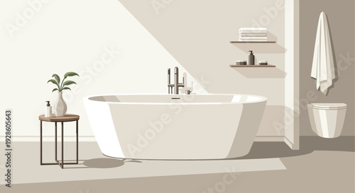 Modern bathroom interior with bathtub, toilet, and plant.