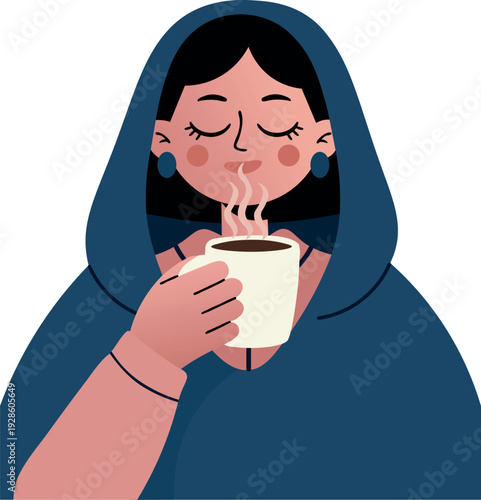 Scene of a relaxed woman enjoying a warm beverage while snuggled under a soft blanket, representing self-care and relaxation