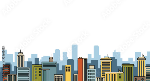 Colorful city skyline illustration with modern buildings and blue sky