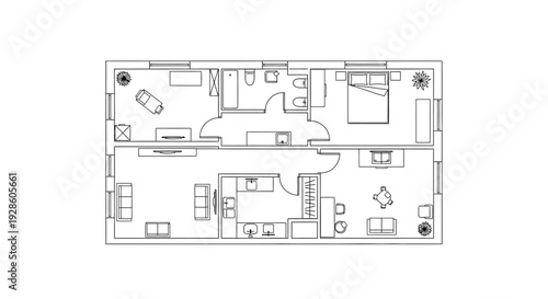 Black and white floor plan of a modern apartment with furniture