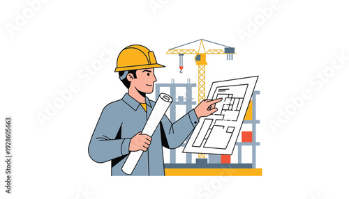 Construction worker reviewing building plans on site with crane