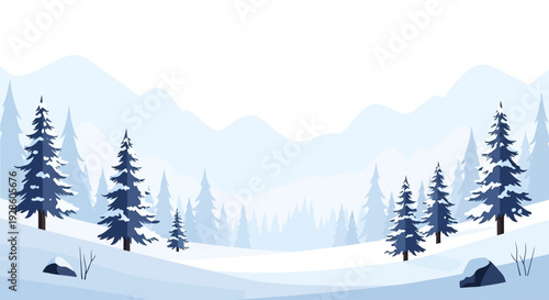 Serene winter landscape with snow-covered firs and mountain peaks