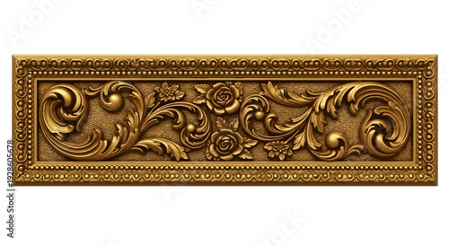 Gold ornamental border with baroque style floral scrollwork relief on white background.