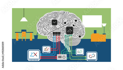 Brain with circuit board pattern connected to devices in modern office