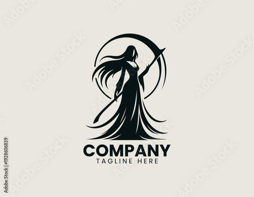 Female grim reaper silhouette holding large scythe in minimalist black vector logo illustration
