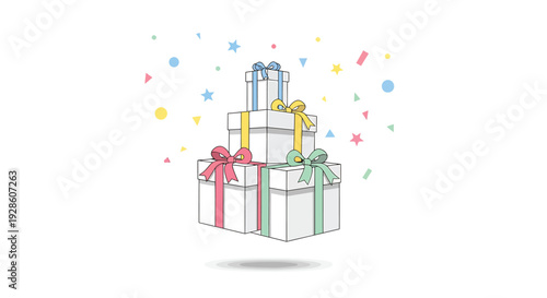 Gift boxes with confetti and ribbons icon