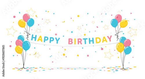 Happy birthday banner with balloons and confetti