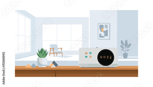 Smart weather station on modern wooden desk indoors