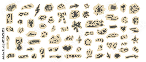 A collection of hand-drawn doodle elements on torn pieces of paper. Abstract icons and symbols for art, design, and scrapbooking. Creative collage for social media.