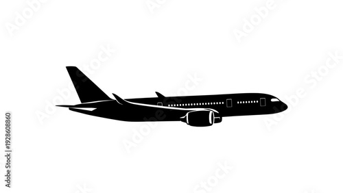 Side view silhouette of a modern commercial airplane isolated on white background for travel and aviation concept.