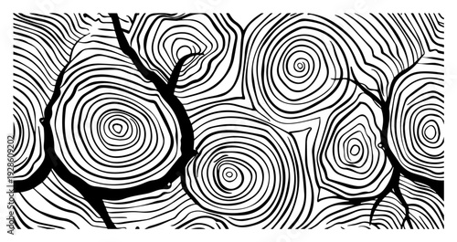 Wood Cross Section Rings Pattern Vector Illustration, Hand Drawn Tree Trunk Texture Background, Linocut Style Timber Growth Circles