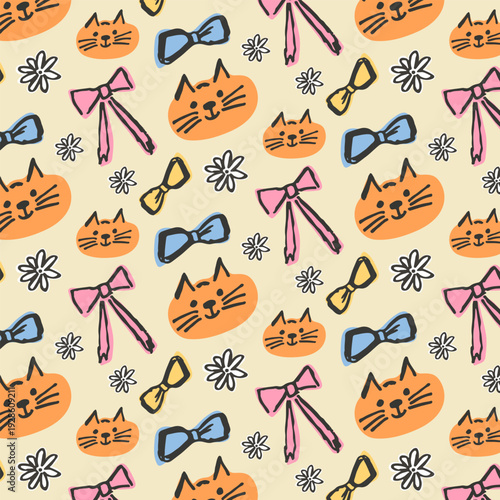 A cute seamless pattern with cats, colorful bows, and flowers. A playful seamless background texture for children's products, textiles, fabric design, and greeting cards.