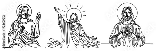 Jesus Christ Portraits One Line Art Set, Continuous Line Drawing of Christian Religious Figures, Minimalist Spiritual Faith Illustration
