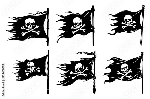 Pirate Flag Jolly Roger Vector Set, Tattered Black Flags with Skull and Crossbones, Nautical Sea Adventure Illustration