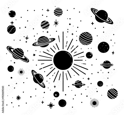 Solar System Space Vector Set with Sun Planets and Stars, Minimalist Celestial Galaxy Doodle Illustration