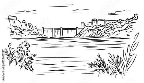 River Dam and Scenic Landscape Sketch Vector, Hand Drawn Architecture and Water Reservoir Illustration, Mountain Valley with Bridge and Nature