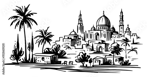 Middle Eastern City Landscape with Mosque and Palm Trees Vector, Oriental Architecture Sketch, Arabic Town Panorama Illustration