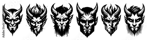 Devil Demon Head Faces Vector Set, Horned Satanic Monster Portraits, Evil Creatures for Tattoo and Apparel Design
