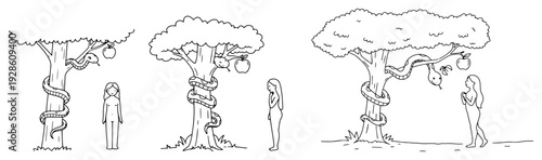 Adam and Eve Garden of Eden Biblical Illustration Set, Minimalist Line Drawing of Serpent and Tree of Knowledge, Spiritual Faith Art
