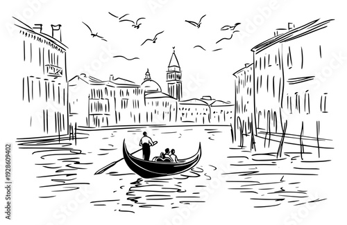 Venice Italy Grand Canal with Gondola Sketch, Hand Drawn Italian Cityscape Illustration with Gondolier and Historic Buildings