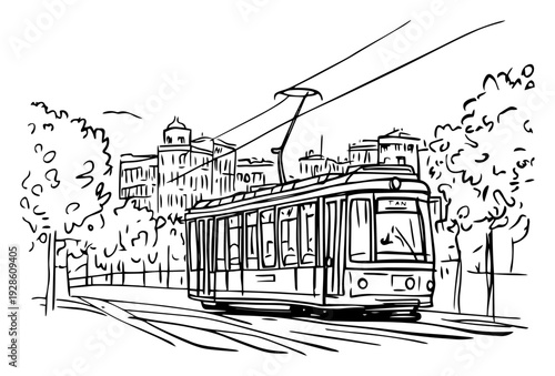 Vintage Tram on City Street Sketch, Hand Drawn European Cityscape with Old Fashioned Trolley and Architecture Illustration